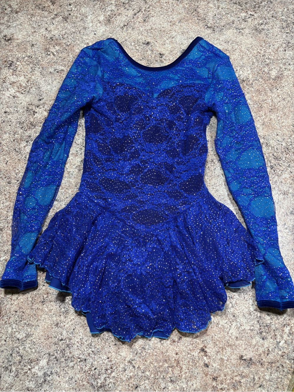 Blue Sparkle Figure Skating Dress with Long Sheer Sleeves Girls 10-12